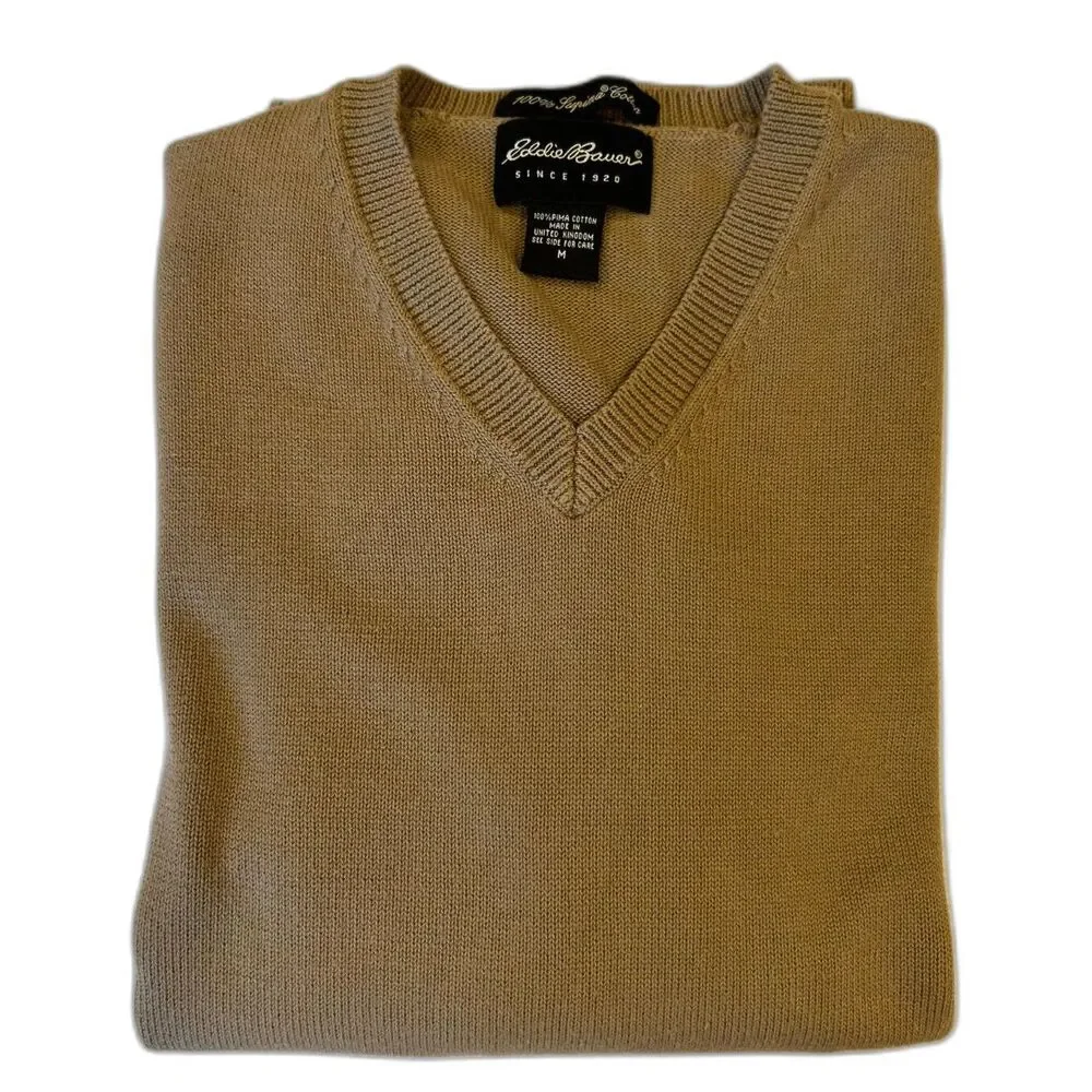 Eddie Bauer Men's M Luxe Pima Cotton Light Brown Knit Sweater Casual Classic